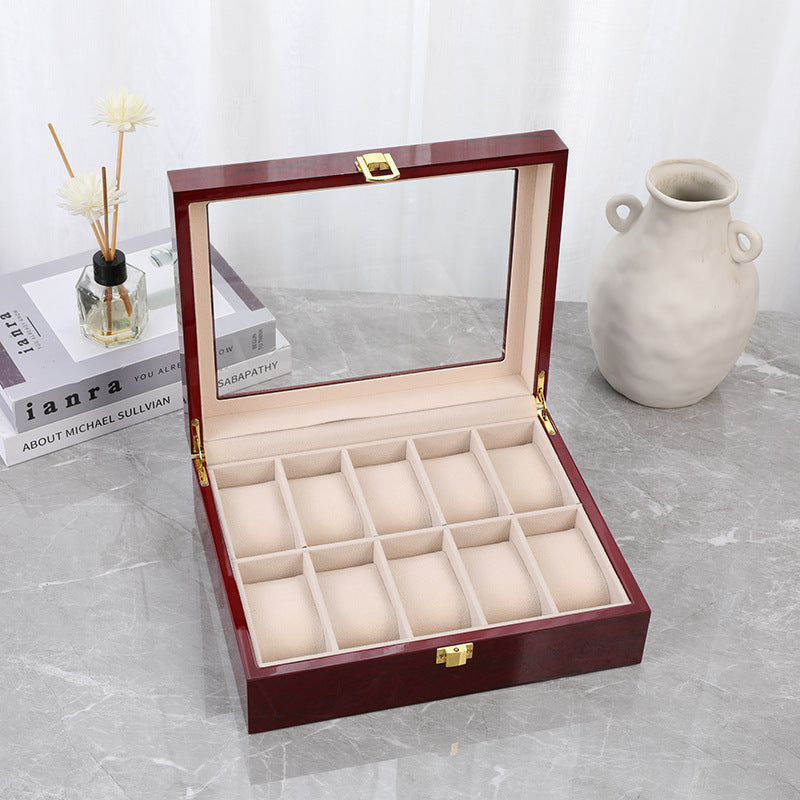 Red 12-Slot Lacquered Watch Box with Transparent Lid