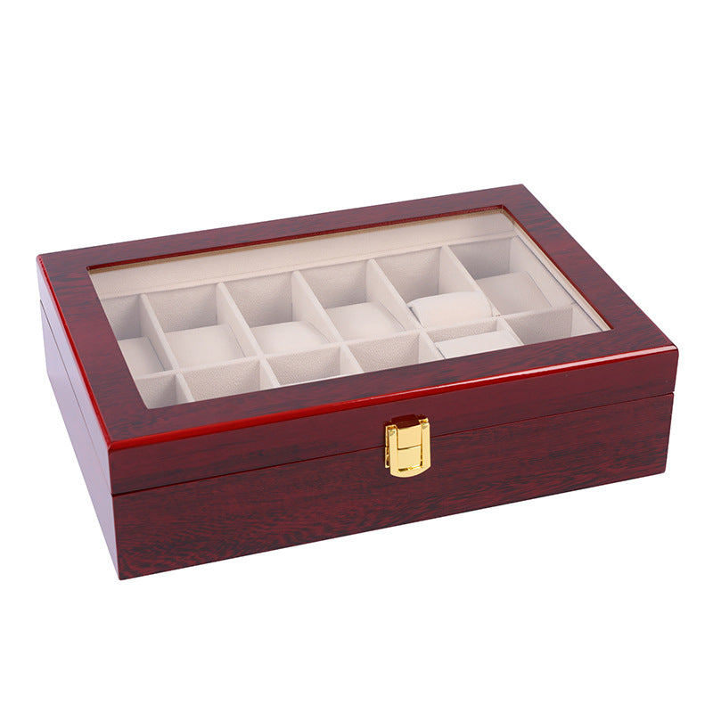 Red 12-Slot Lacquered Watch Box with Transparent Lid