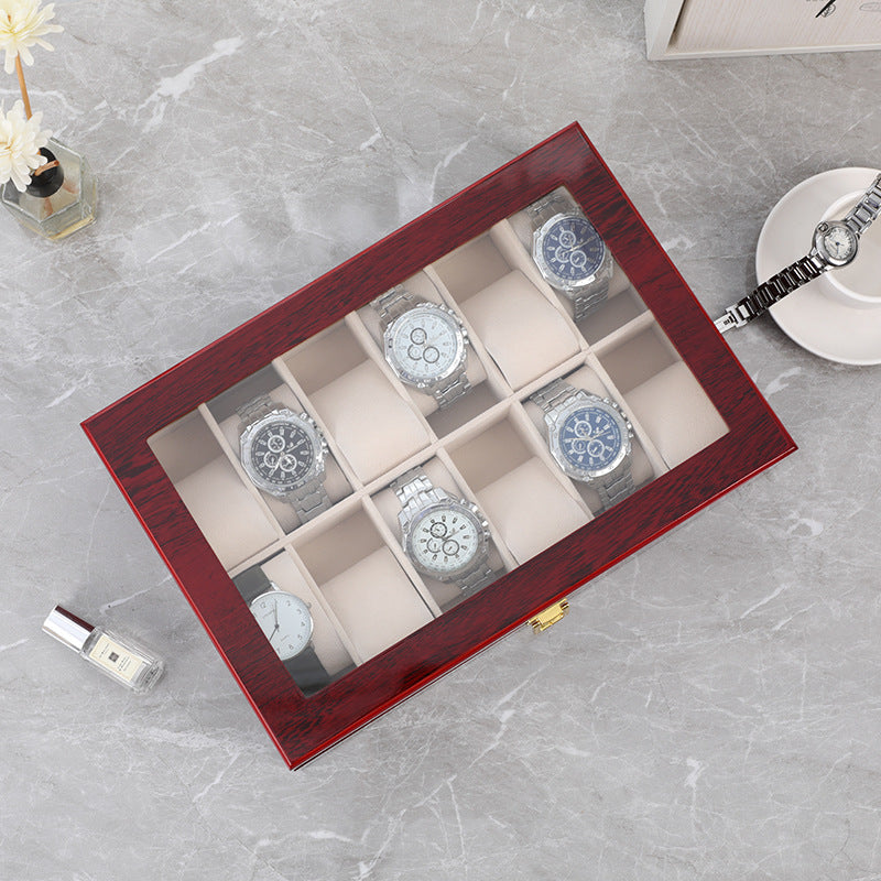 Red 12-Slot Lacquered Watch Box with Transparent Lid