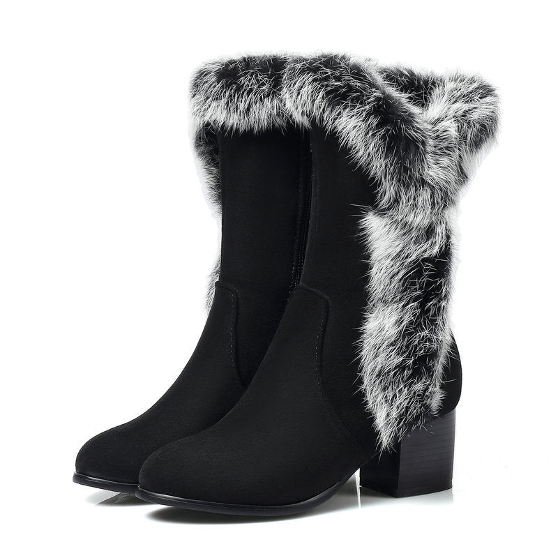 Winter Warm Black Fur Boots for Women with Heels
