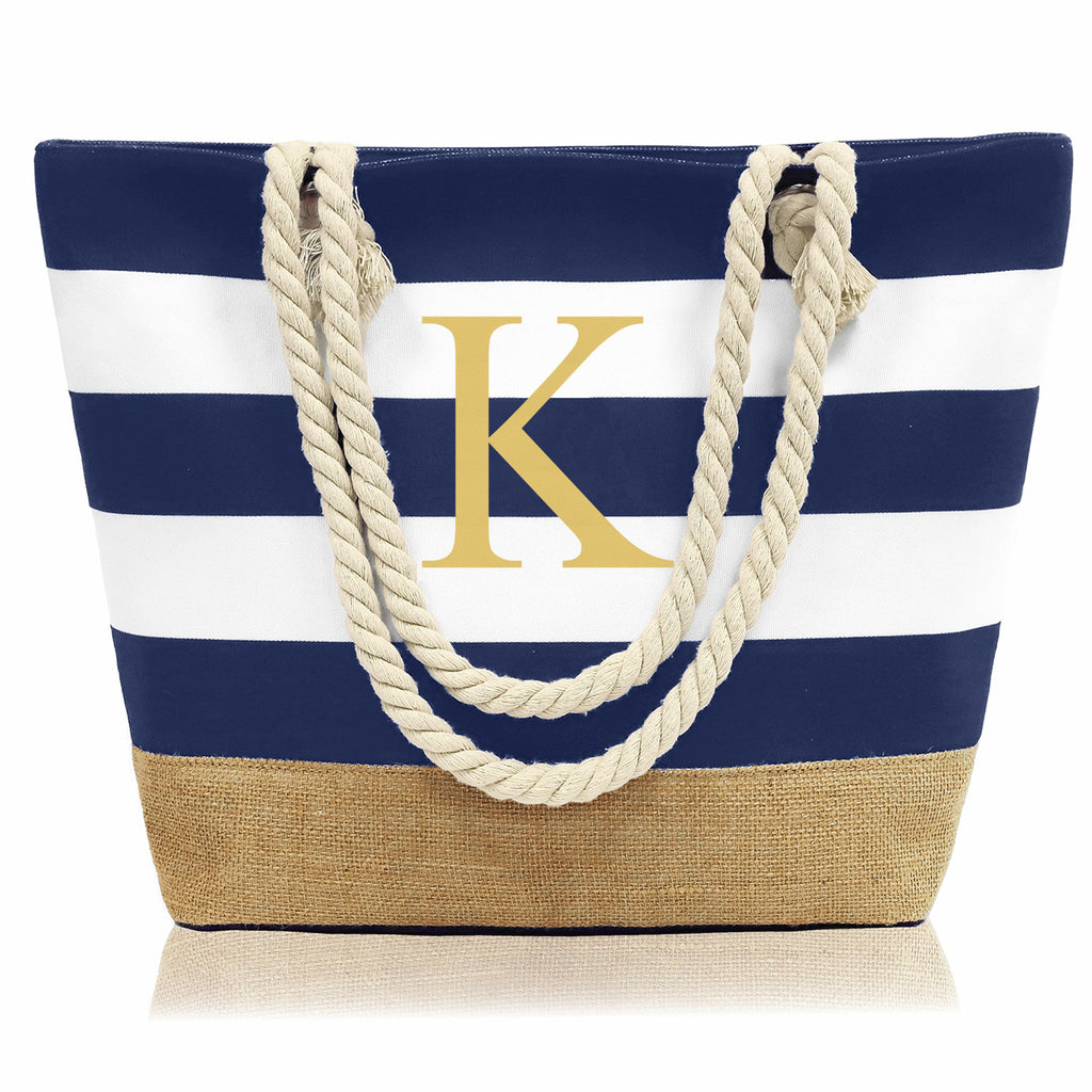 Striped Canvas Tote Bag with Zipper and Multiple Pockets
