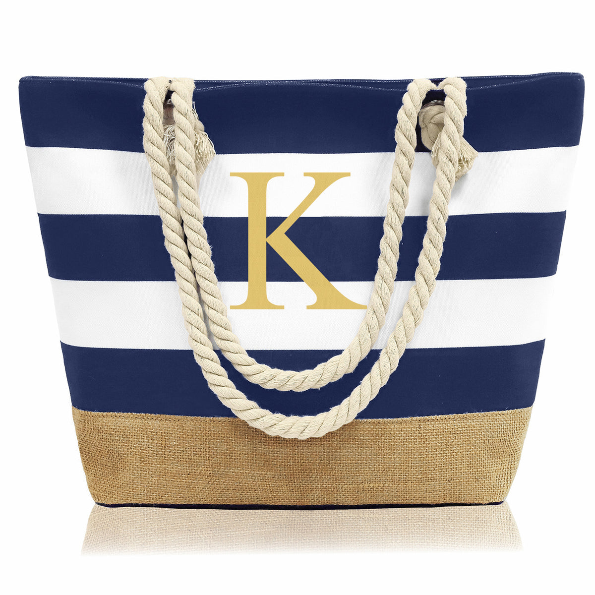 Striped Canvas Tote Bag with Zipper and Multiple Pockets