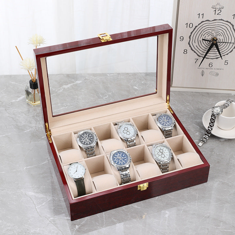 Red 12-Slot Lacquered Watch Box with Transparent Lid