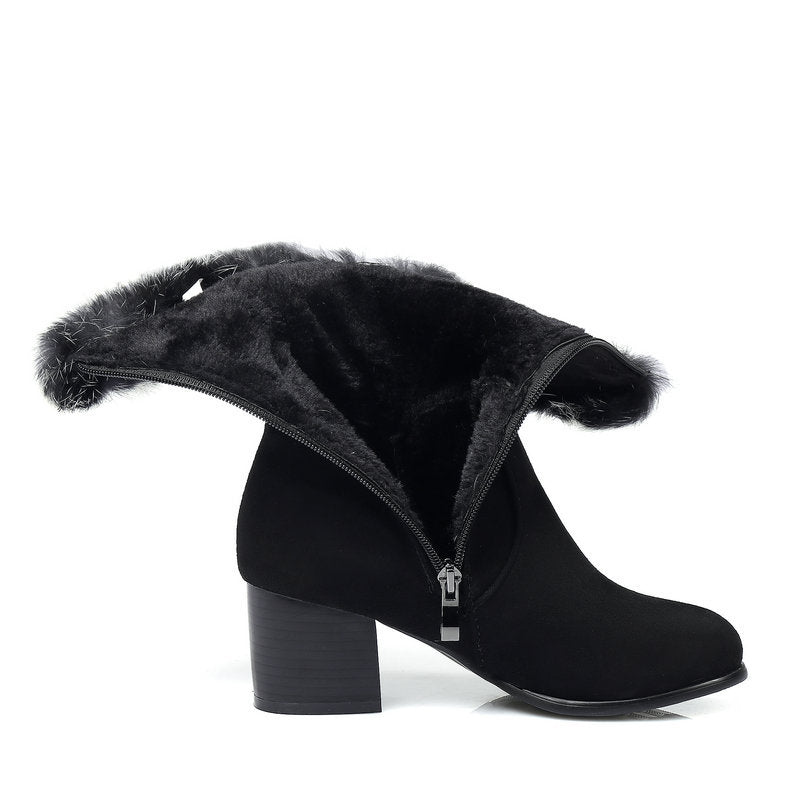 Winter Warm Black Fur Boots for Women with Heels