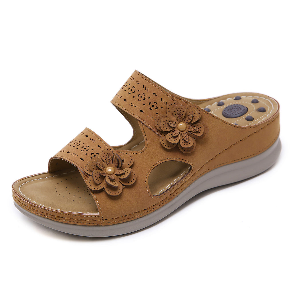 Retro Flower Massage Sandals with Slope Heel Comfort