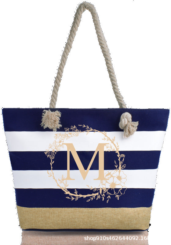 Striped Canvas Tote Bag with Zipper and Multiple Pockets