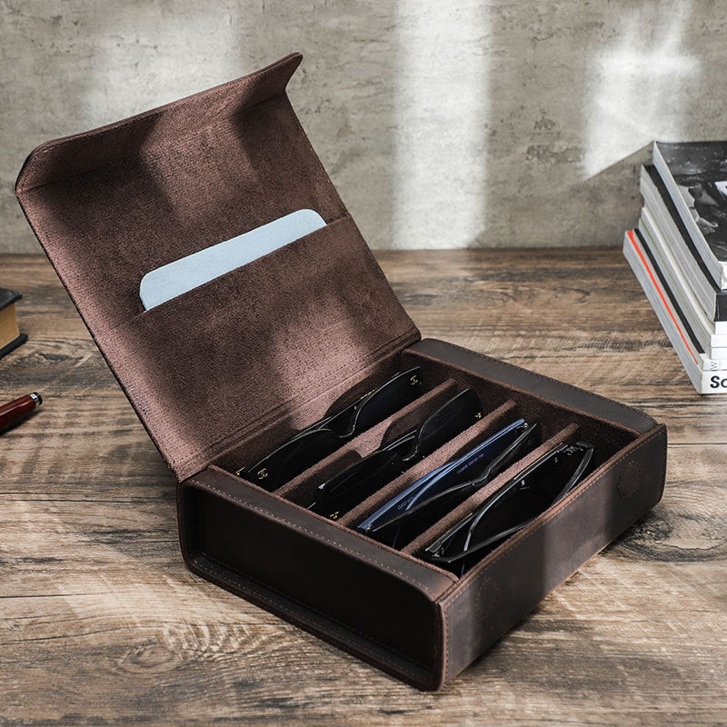 Vintage Crazy Horse Leather Rectangular Glasses Case Set