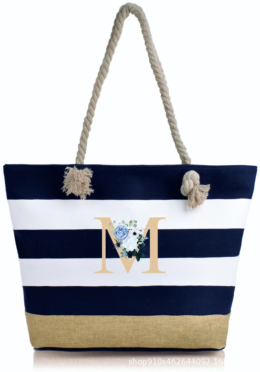 Striped Canvas Tote Bag with Zipper and Multiple Pockets