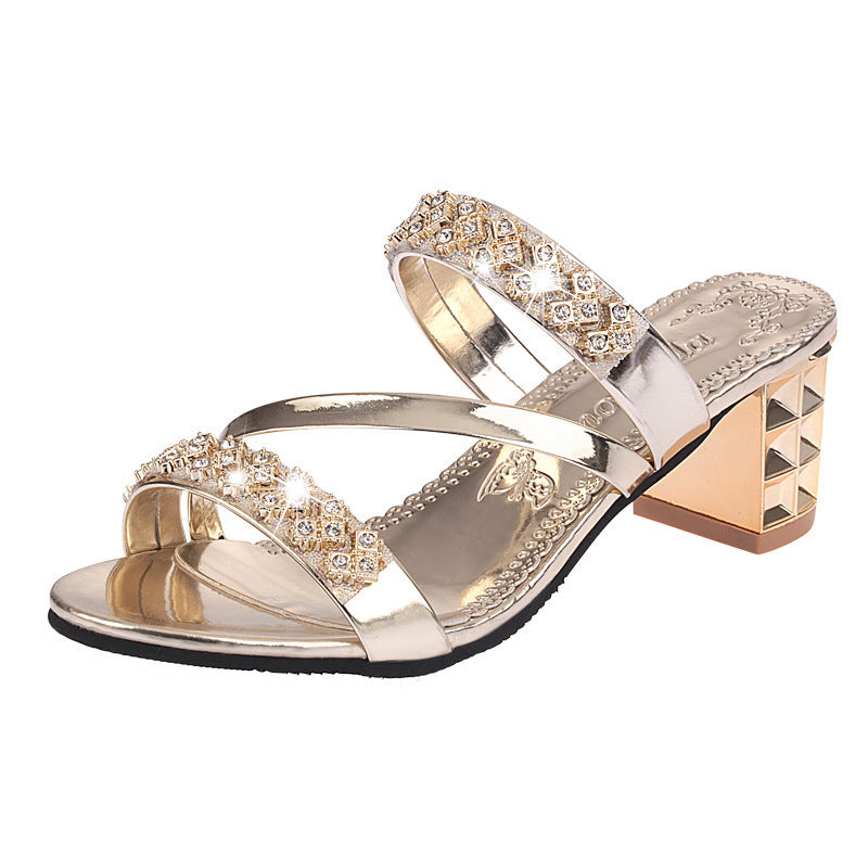 Elegant Rhinestone Mid-Heel Sandals