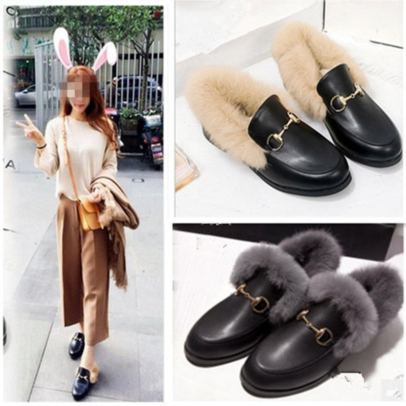 Women's Autumn Winter Plush Leather Flat Shoes