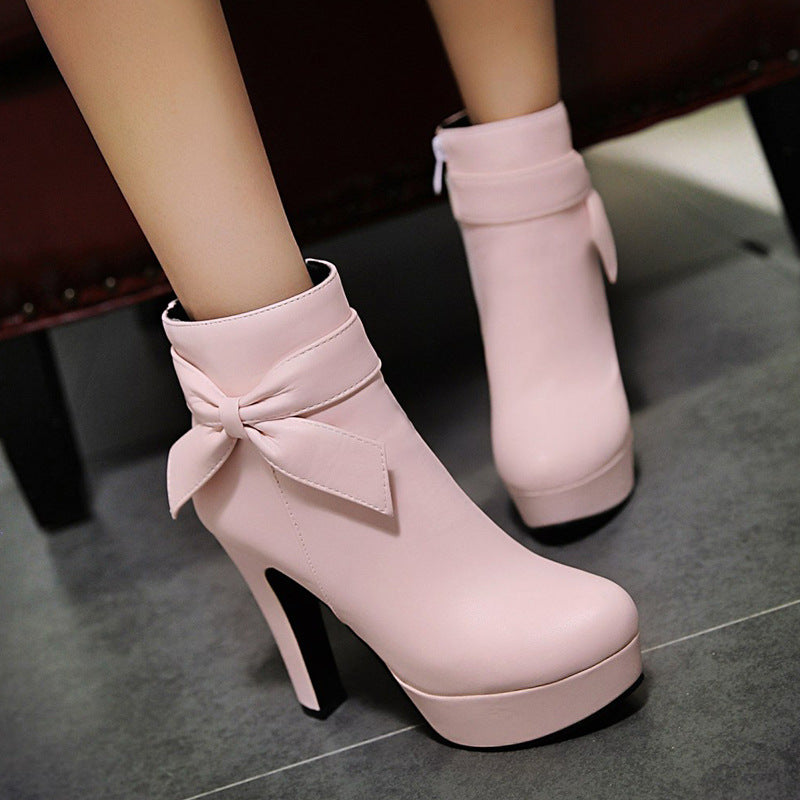 Bow Short Boots, Bow High Heels, Chunky Heeled Boots