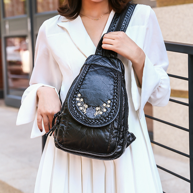 Luxury Embroidered Solid Color Soft Backpack for Women