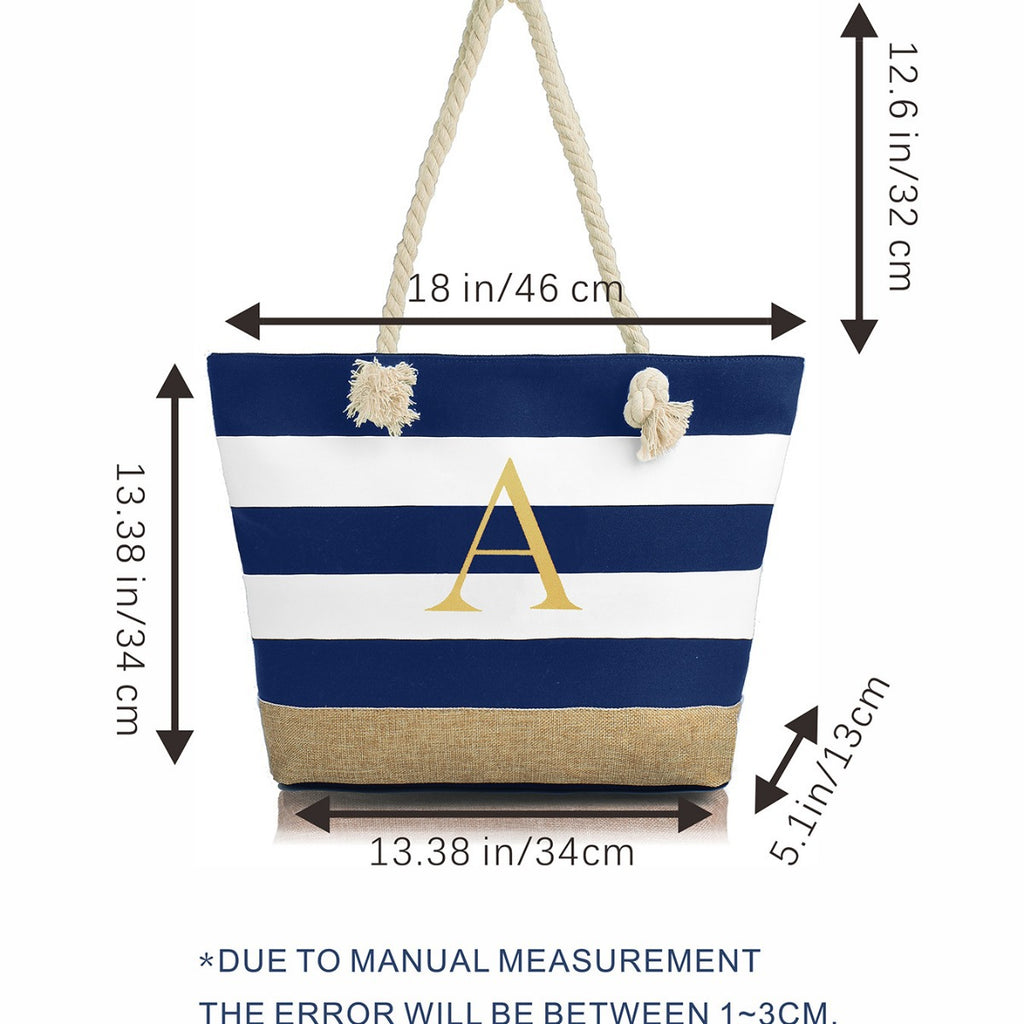 Striped Canvas Tote Bag with Zipper and Multiple Pockets