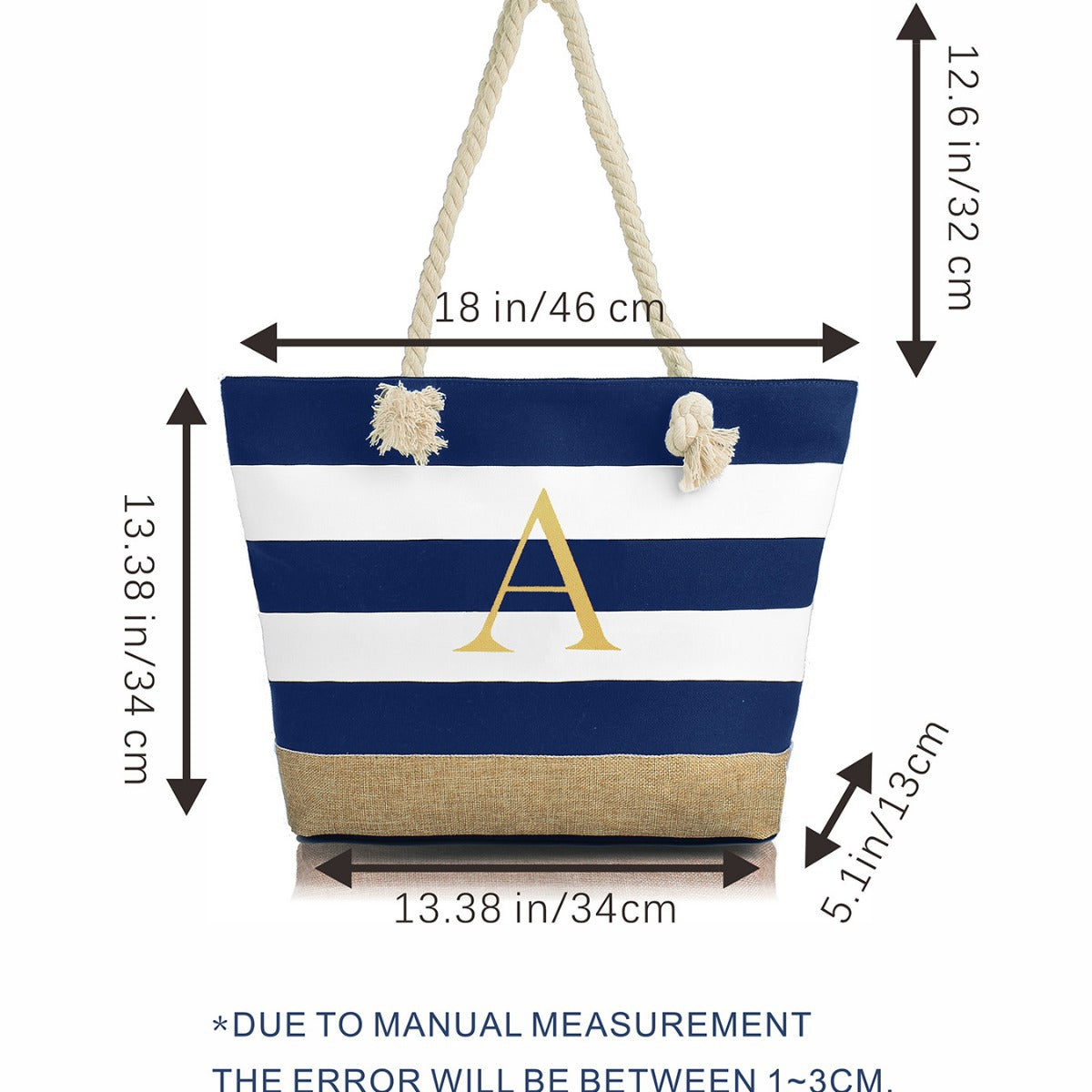 Striped Canvas Tote Bag with Zipper and Multiple Pockets