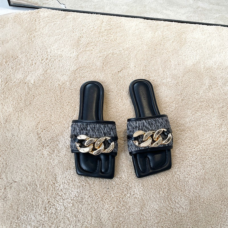 Elegant Metal-Link Flat Slippers