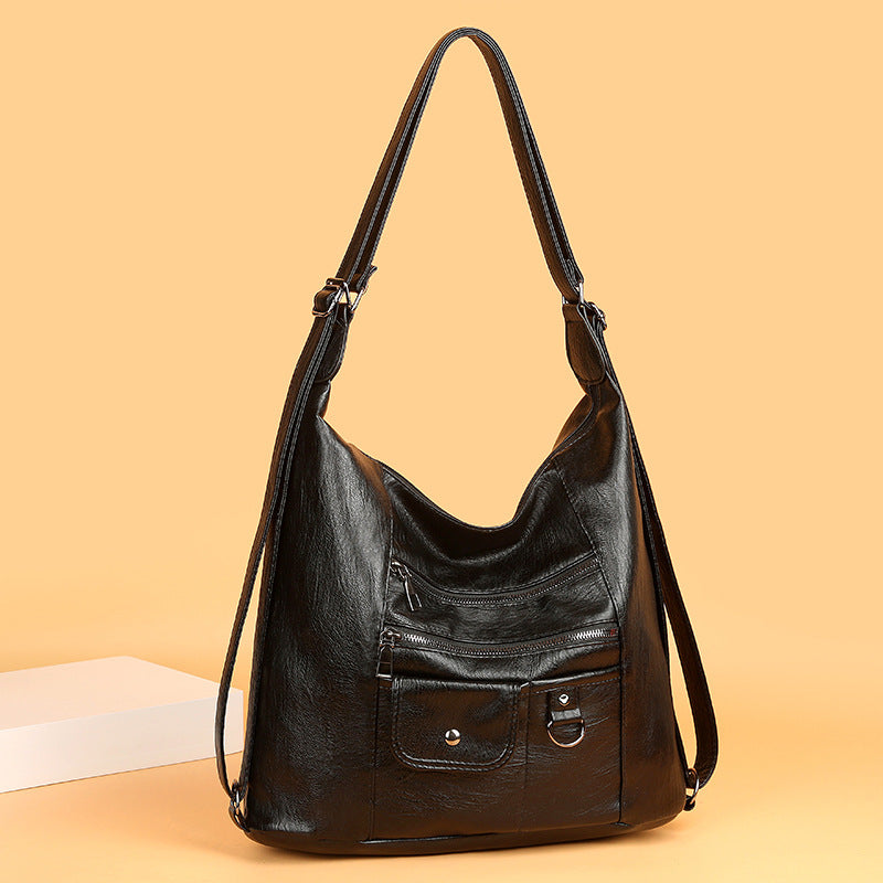 Fashionable Soft Leather Shoulder Bag with Multiple Pockets