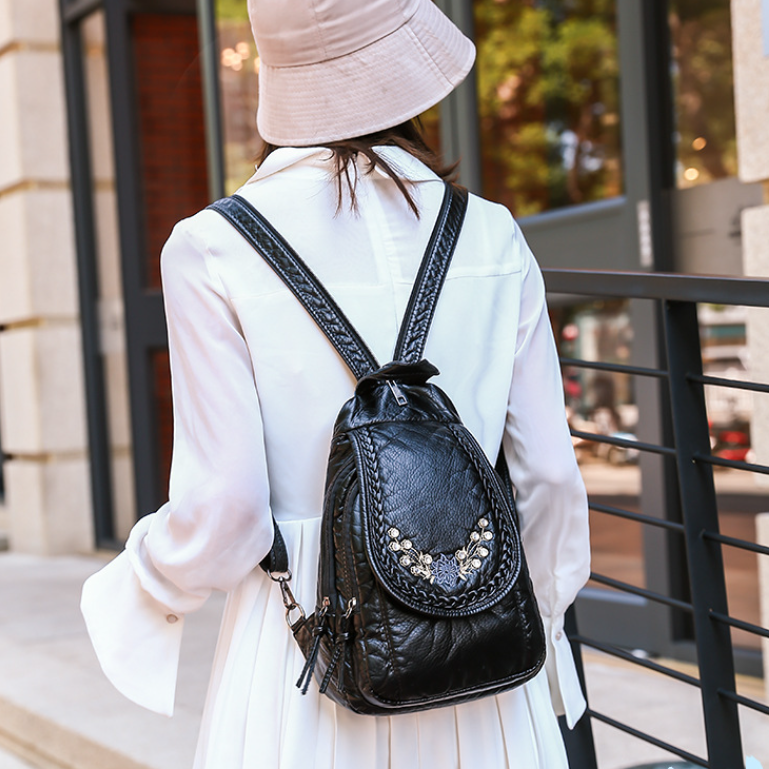 Luxury Embroidered Solid Color Soft Backpack for Women