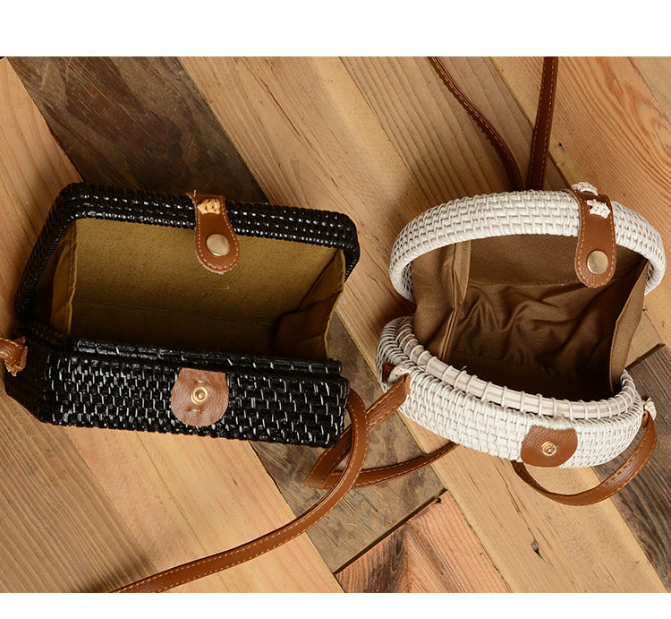 Vietnamese Woven Shoulder Bag with Round Leather Buckle