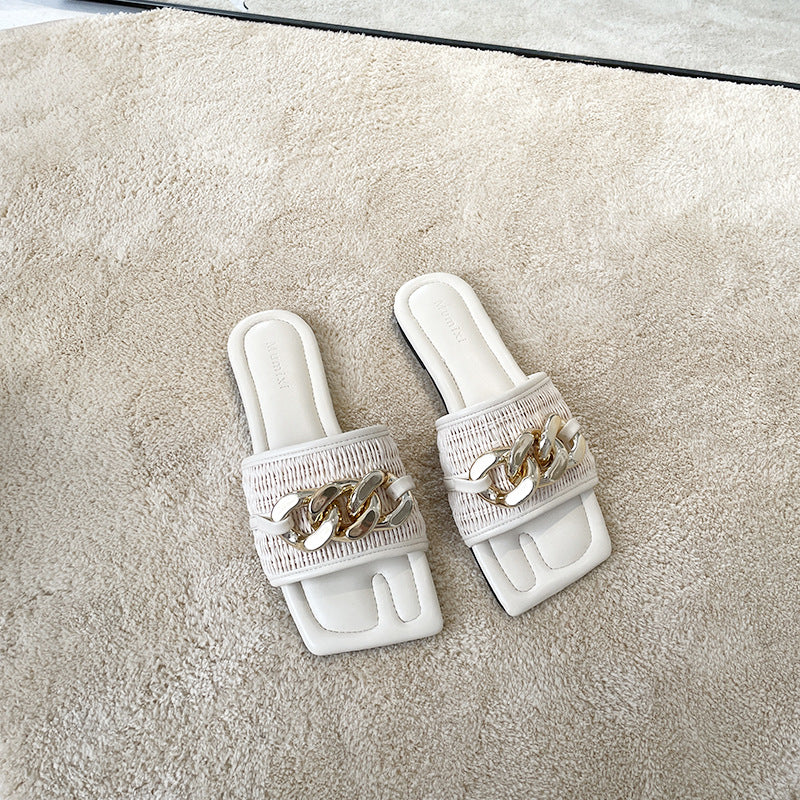 Elegant Metal-Link Flat Slippers