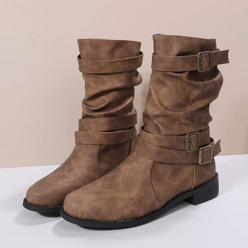 Women's Retro Mid-Calf Boots with Belt Buckle