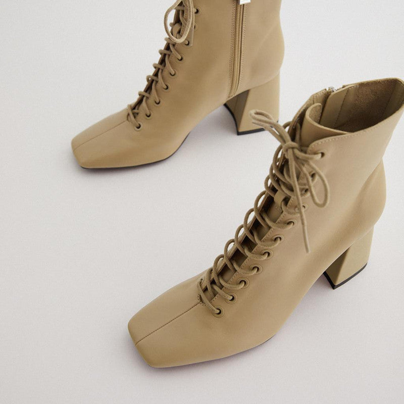 Camel Elegant Lace-Up Ankle Boots