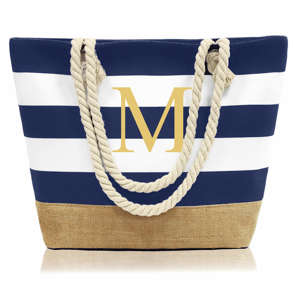 Striped Canvas Tote Bag with Zipper and Multiple Pockets