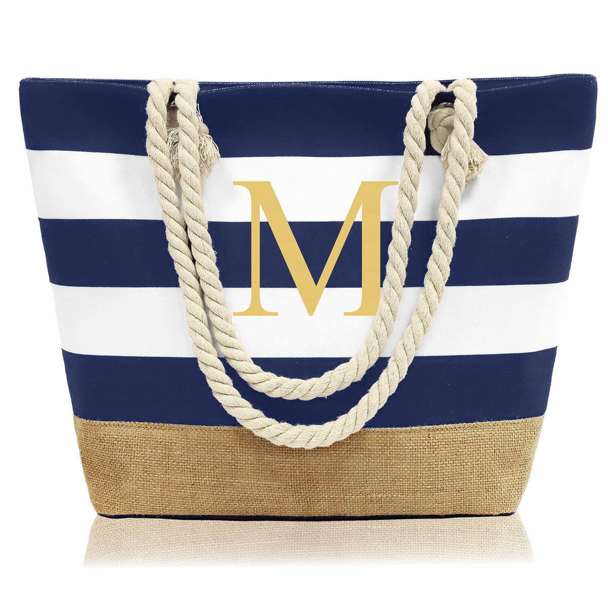 Striped Canvas Tote Bag with Zipper and Multiple Pockets