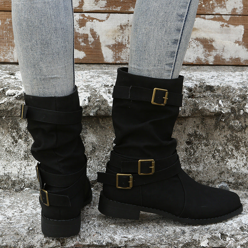 Women's Retro Mid-Calf Boots with Belt Buckle