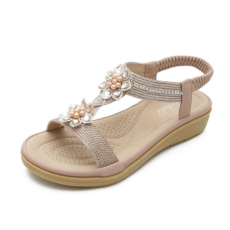 Boho Flat Flower Rhinestone Sandals