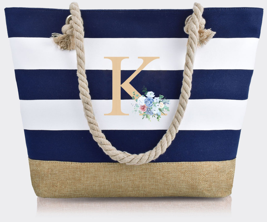 Striped Canvas Tote Bag with Zipper and Multiple Pockets