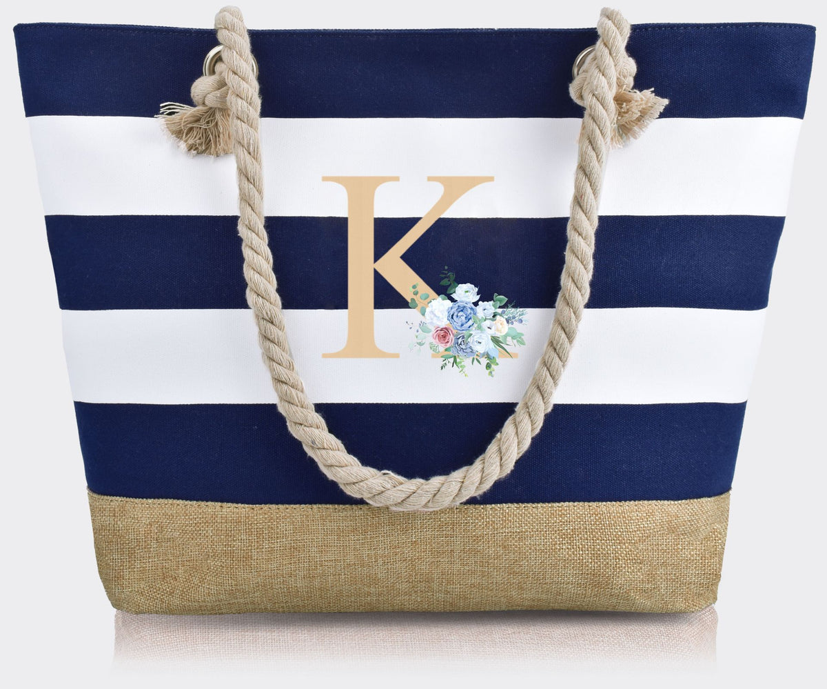 Striped Canvas Tote Bag with Zipper and Multiple Pockets