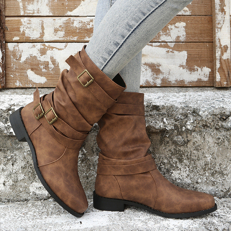 Women's Retro Mid-Calf Boots with Belt Buckle