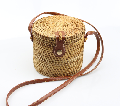 Vietnamese Woven Shoulder Bag with Round Leather Buckle
