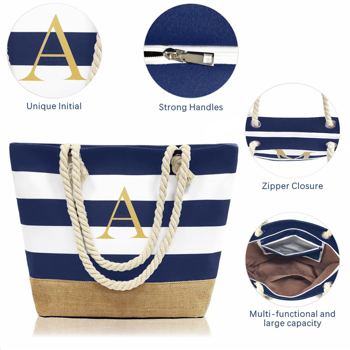 Striped Canvas Tote Bag with Zipper and Multiple Pockets