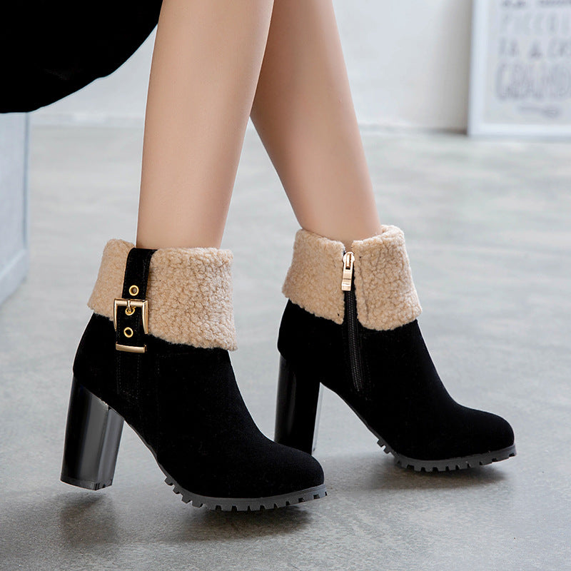 Elegant Suede Winter Heels with Lamb Fur