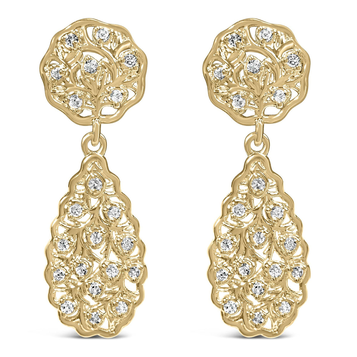 14K Yellow Gold Plated  1/5 Cttw Diamond Teardrop Filigree Earrings