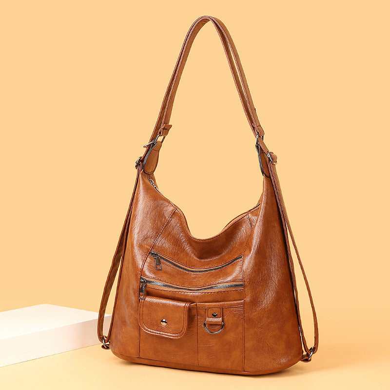 Fashionable Soft Leather Shoulder Bag with Multiple Pockets