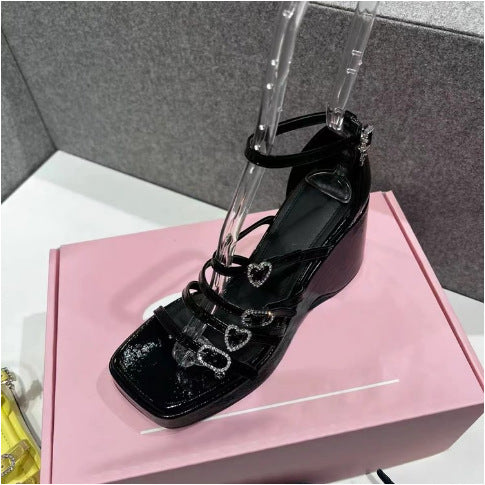 Heart Shape Rhinestone Platform Wedge Sandals for Women