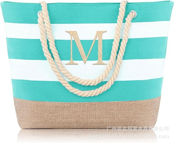 Striped Canvas Tote Bag with Zipper and Multiple Pockets