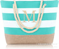 Striped Canvas Tote Bag with Zipper and Multiple Pockets