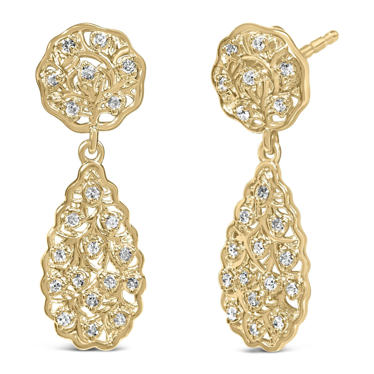 14K Yellow Gold Plated  1/5 Cttw Diamond Teardrop Filigree Earrings
