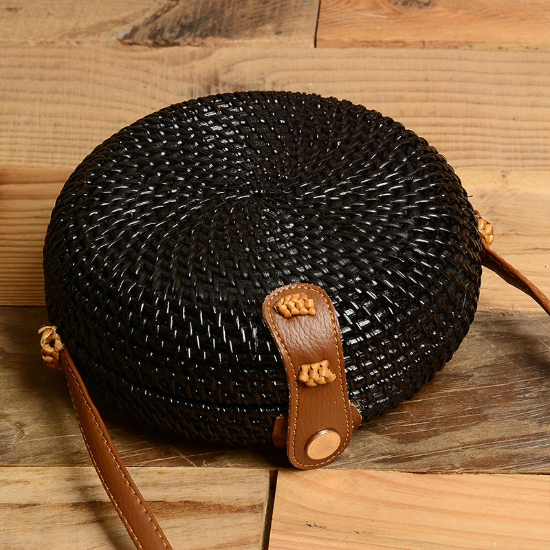 Vietnamese Woven Shoulder Bag with Round Leather Buckle