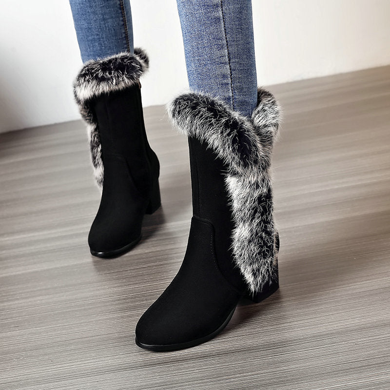 Winter Warm Black Fur Boots for Women with Heels