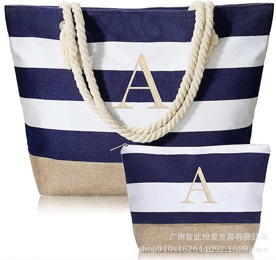 Striped Canvas Tote Bag with Zipper and Multiple Pockets