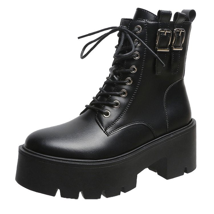 Women's British Style Lace-up Leather Motorcycle Boots