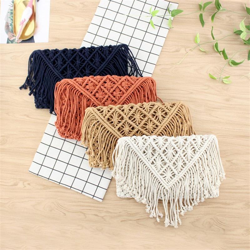 Tassel straw bag large clamshell cotton hand-woven casual female beach bag Knitted Messenger Bags