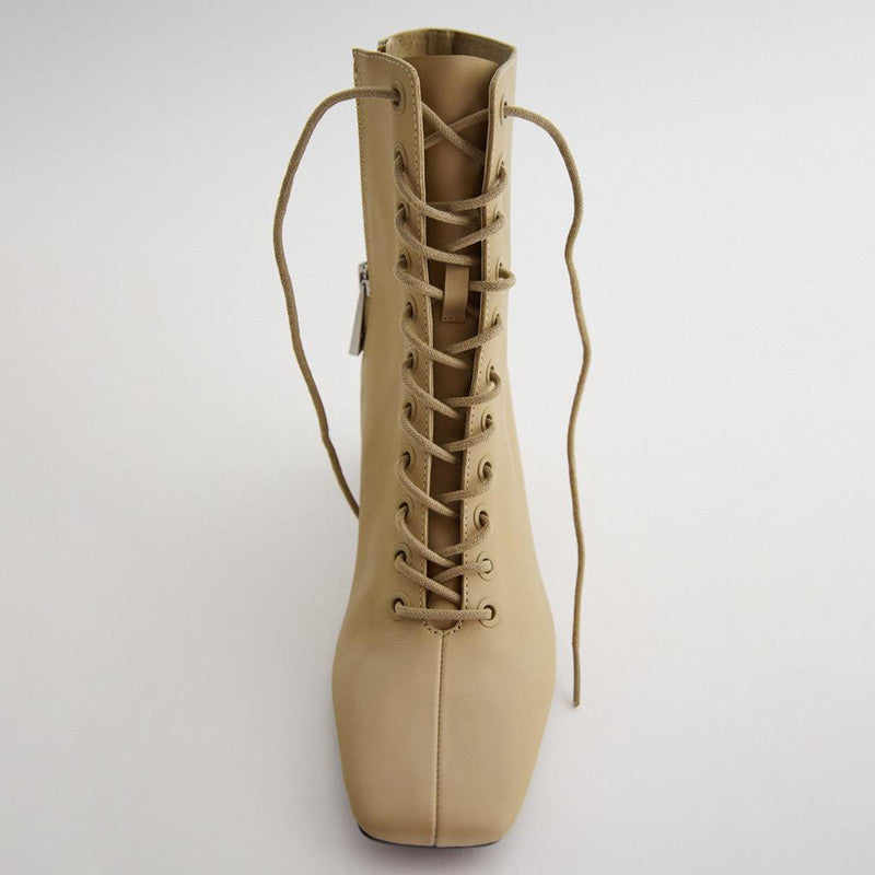 Camel Elegant Lace-Up Ankle Boots