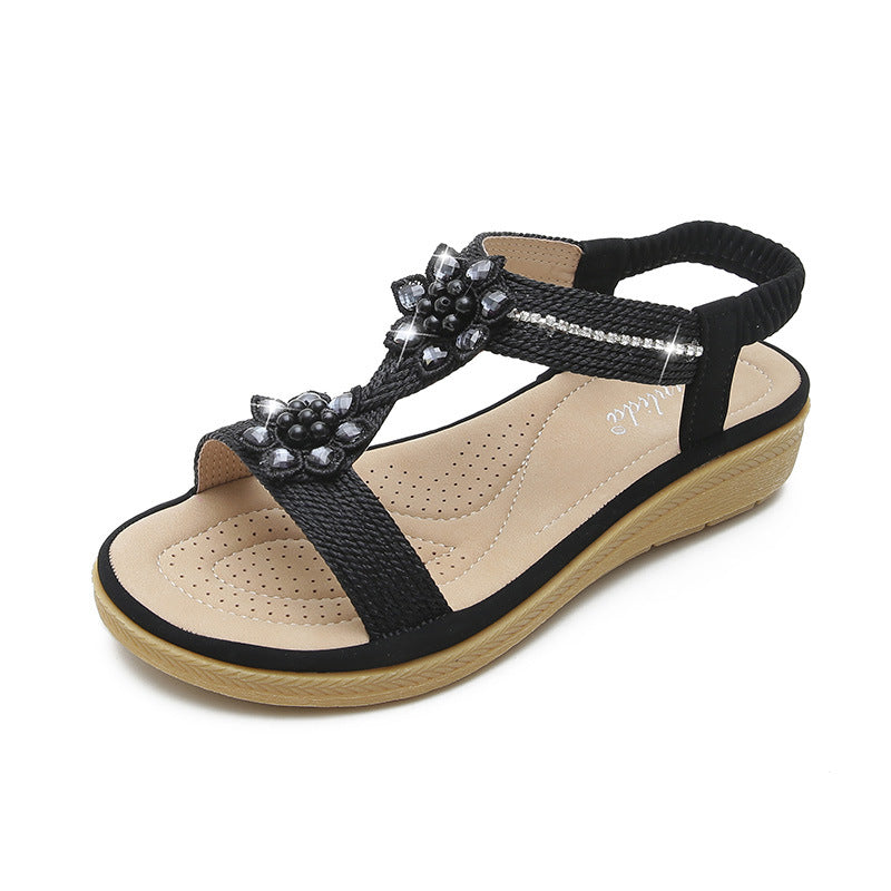 Boho Flat Flower Rhinestone Sandals