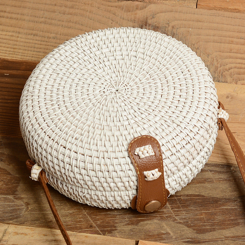 Vietnamese Woven Shoulder Bag with Round Leather Buckle