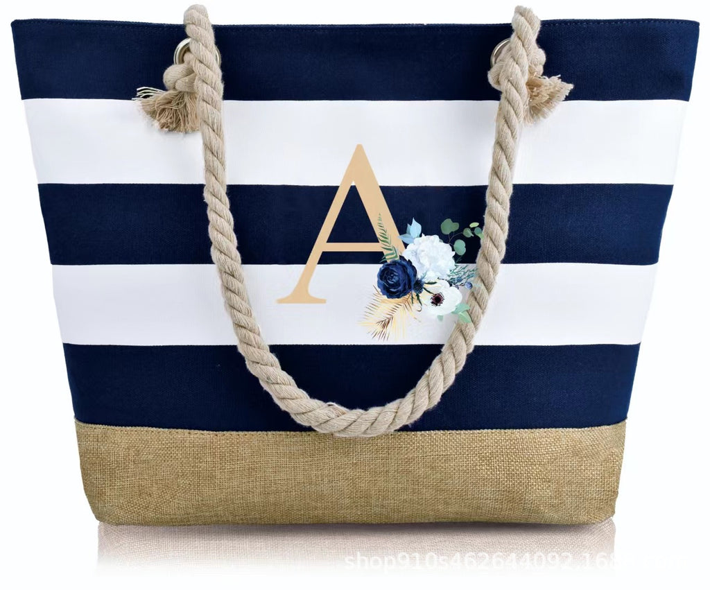 Striped Canvas Tote Bag with Zipper and Multiple Pockets